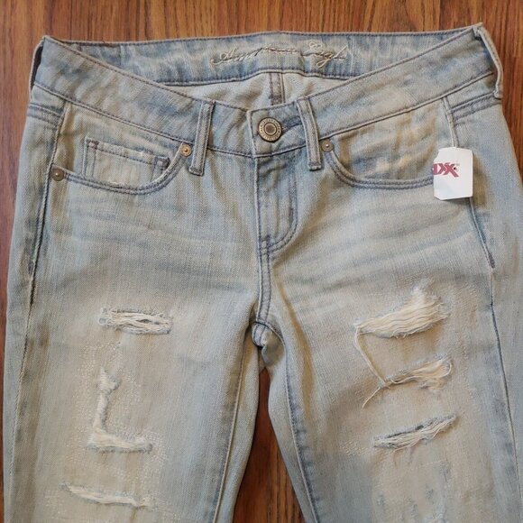 New American Eagle Skinny Jeans Womens 0 Blue Light Wash Cotton Low Rise Ripped - Picture 3 of 12